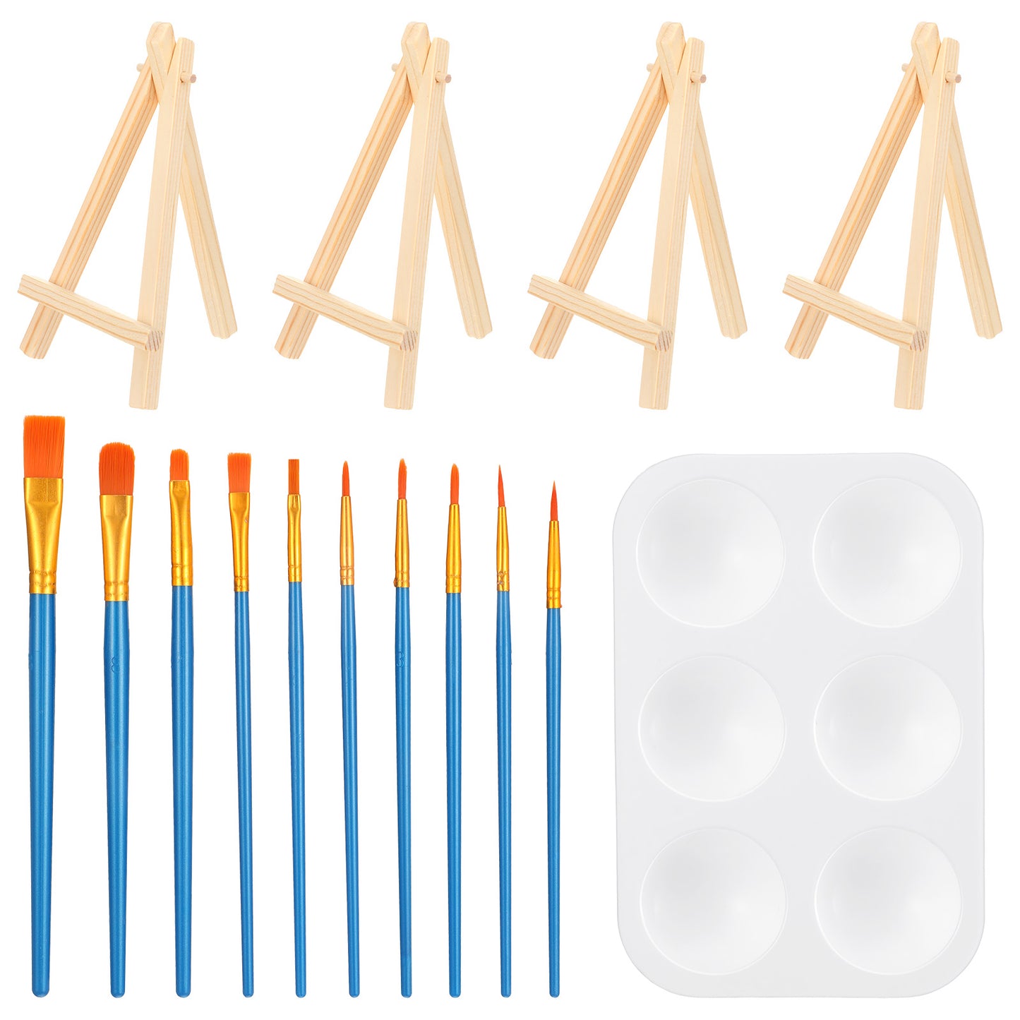 Molain 4 Pack Mini Wooden Easel Stand, Small Tabletop Display Stand with 10Pcs Brush Set and 1Pcs Palette Natural Wood Easels for Photos Cards Canvases Paintings Weddings and Home Desk Decor