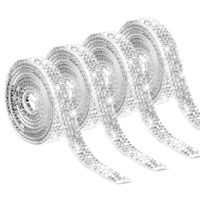 JJUNW 4 Rolls 1 Yard Self Adhesive Rhinestone Ribbons, Sliver Rhinestone Strips Diamond Bling Rhinestone Ribbon Roll with 2 mm Rhinestones for DIY Crafts Fabric Phone Car Decorations