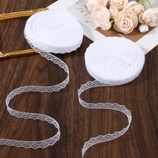 TIESOME 2 PCS 30 Yards White Lace Ribbon Roll, 0.6 Inch Wide Lace Trim Sewing Crafts Lace Vintage Cotton Crochet Trim with Scalloped Edge for Wedding Decoration Bouquet Gift Packaging