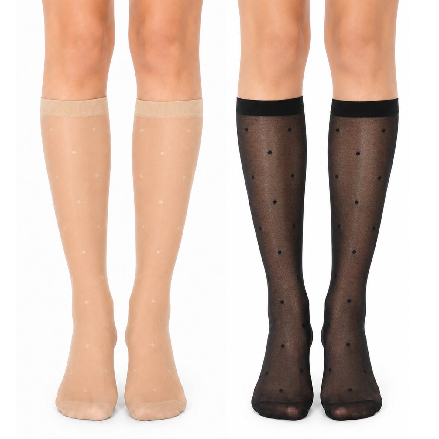 HJZHII 4 Pairs Women's Dot Knee High Stockings, Women's Sheer Knee High Stockings Black Dot Sheer Thin Socks Cute Polka Dots Sheers Nylon KneeHigh Stocking Reinforced Toe Breathable Elastic Socks