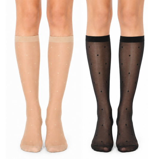 HJZHII 4 Pairs Women's Dot Knee High Stockings, Women's Sheer Knee High Stockings Black Dot Sheer Thin Socks Cute Polka Dots Sheers Nylon KneeHigh Stocking Reinforced Toe Breathable Elastic Socks