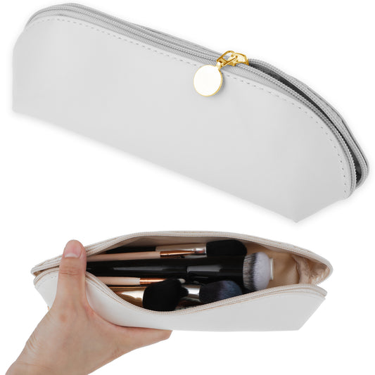 HJZHII Large Travel Makeup Brush Holder, PU Makeup Brush Bag Portable Travel Cosmetic Brush Pouch with Zipper Anti-Fall Out Makeup Tools Organizer for Travel Outdoor Bags Marker Change Coins (White)