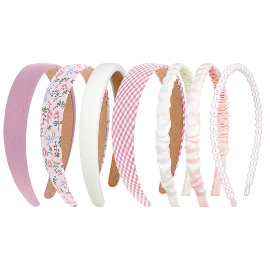 SHENLIU 7 Pack Fashion Headbands for Women, Non Slip Padded Pearl Headband & Floral Hair Bands, Vintage Soft Wide Elastic Headband Set for Daily Wear, Weddings, Parties, Pink Mix