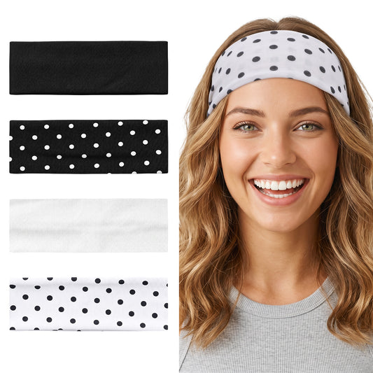 BOHUIZ 4 PCS Polka Dot Headband, Vintage Polka Dot Hair Band for Women Non Slip Stretchy Cotton Headbands for Sports Yoga Workout