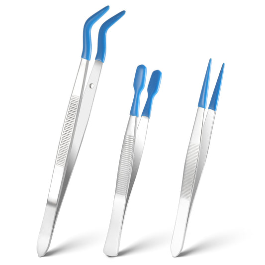JIYIN 3 Pieces Tweezers with Rubber Tips, Long Tweezers with Rubber Tips Non-Slip Flat Bent Pointed Tip Tweezers Industrial Tweezers Tools for Crafts Stamps Beads Jewelry(3PCS)