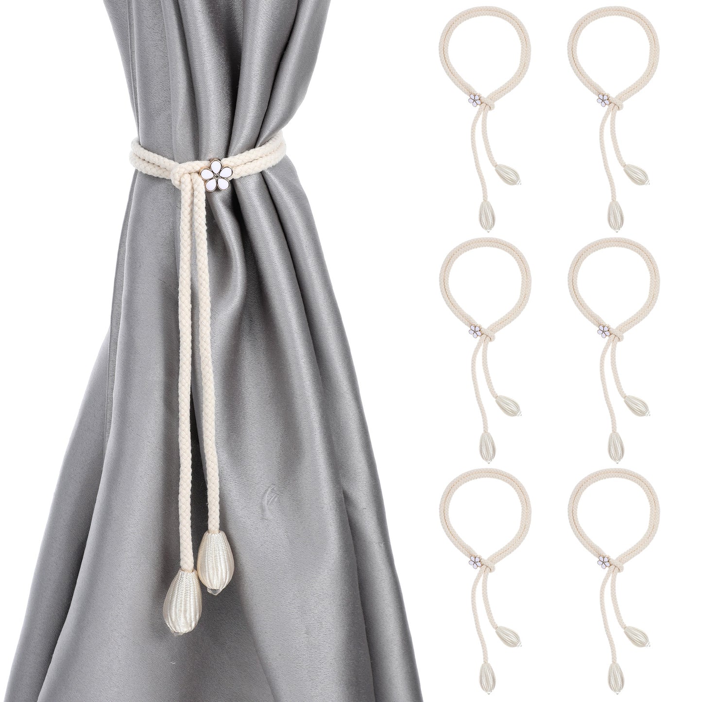 DOPENSPI Curtain Tiebacks, 6 Pcs Hand-Knitted Curtain Tie Backs Boho Style Curtains Tiebacks Curtains Rope Buckle Tie Backs for Living Room Bedroom Home Office Window Decor(Beige)