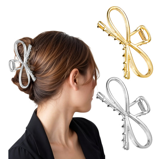 Jeffdad 2Pcs Metal Bow Claw Hair Clips, Cute Bowknot Hair Jaw Clips Stylish Hair Accessories with Strong Hold for Thick and Thin Hair(Silver + Gold)