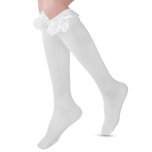 Giantree Women Lace Ruffle Knee High Socks, Cotton Knee High Socks with Bow, Cute Lolita Socks with Bow Lace Ruffle Trim Socks for Women(White)
