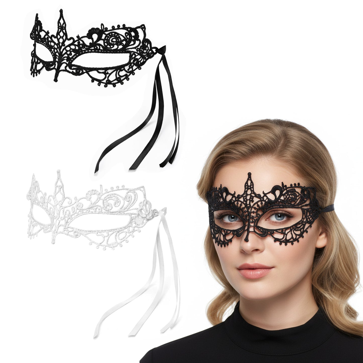 SULIKJHUI 2 Pcs Lace Masquerade Masks for Women, Masquerade Ball Mask, Black & White Knight Style Black Mask Masquerades, Elegant Lace Eye Cover for Halloween Party & Costume