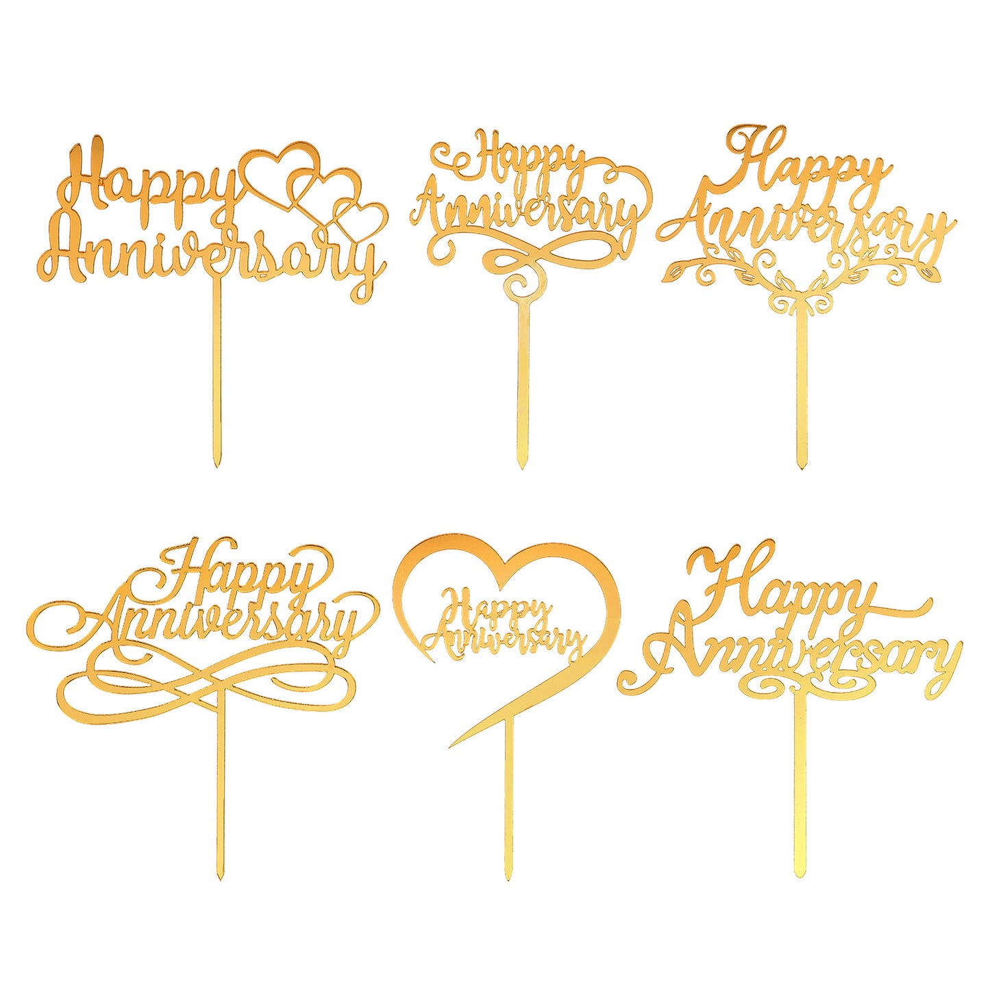 XLIUAX Happy Anniversary Cake Topper, 6 Pcs Anniversary Cake Toppers Gold Sliver Weddings for Couple Acrylic Party Decorations Party Supplies Happy Wedding Signs