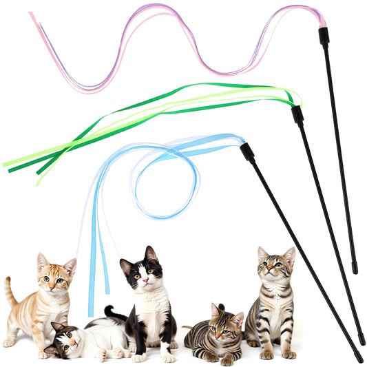 HJZHII 3pcs Cat Wand Toy, Interactive Cat Rainbow Wand Toy Colorful Cat String Teaser Wand with 60cm Rainbow Ribbon String Pet Ribbon for Kitten Training Exerciser Indoor Kitten Catcher