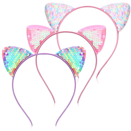 LXUEJIE 3Pcs Sequin Cat Ear Headbands, Shiny Cat Hairwear Cute Kitty Hair Accessories Hair Band Party Decoration Cosplay for Girls Women