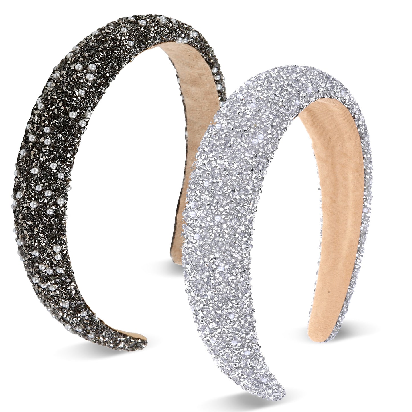 YUXMU 2PCS Rhinestone Sparkly Glitter Headband for Women, Padded Crystal Bling Pearl Diamond Jeweled Silver White Hair Accessories for Prom Wedding Birthday