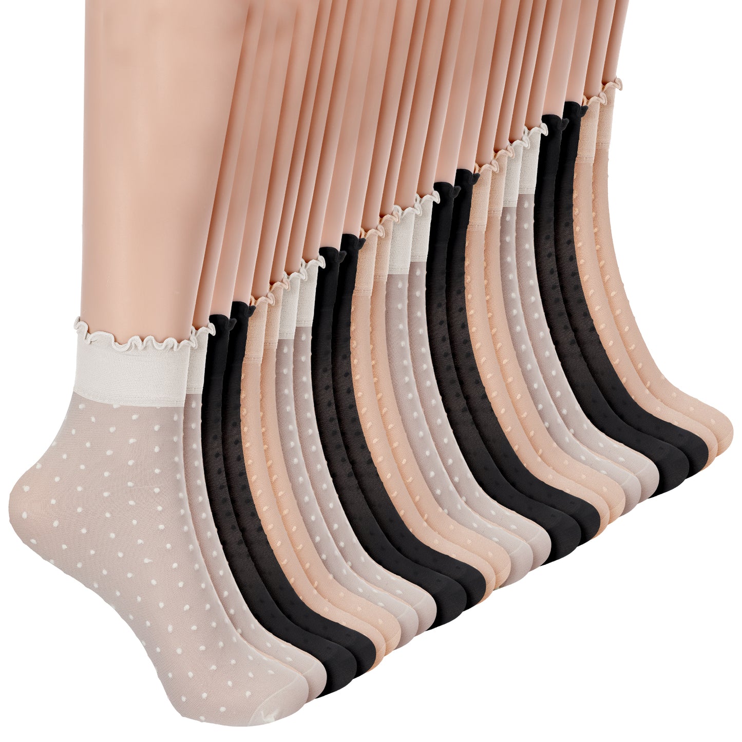 XLIUAX 12 Pairs Sheer Ruffle Socks for Women, Polka Dots Nude Stockings Mesh Lace See Through Silk Ankle Socks Summer Ultra Thin Cool