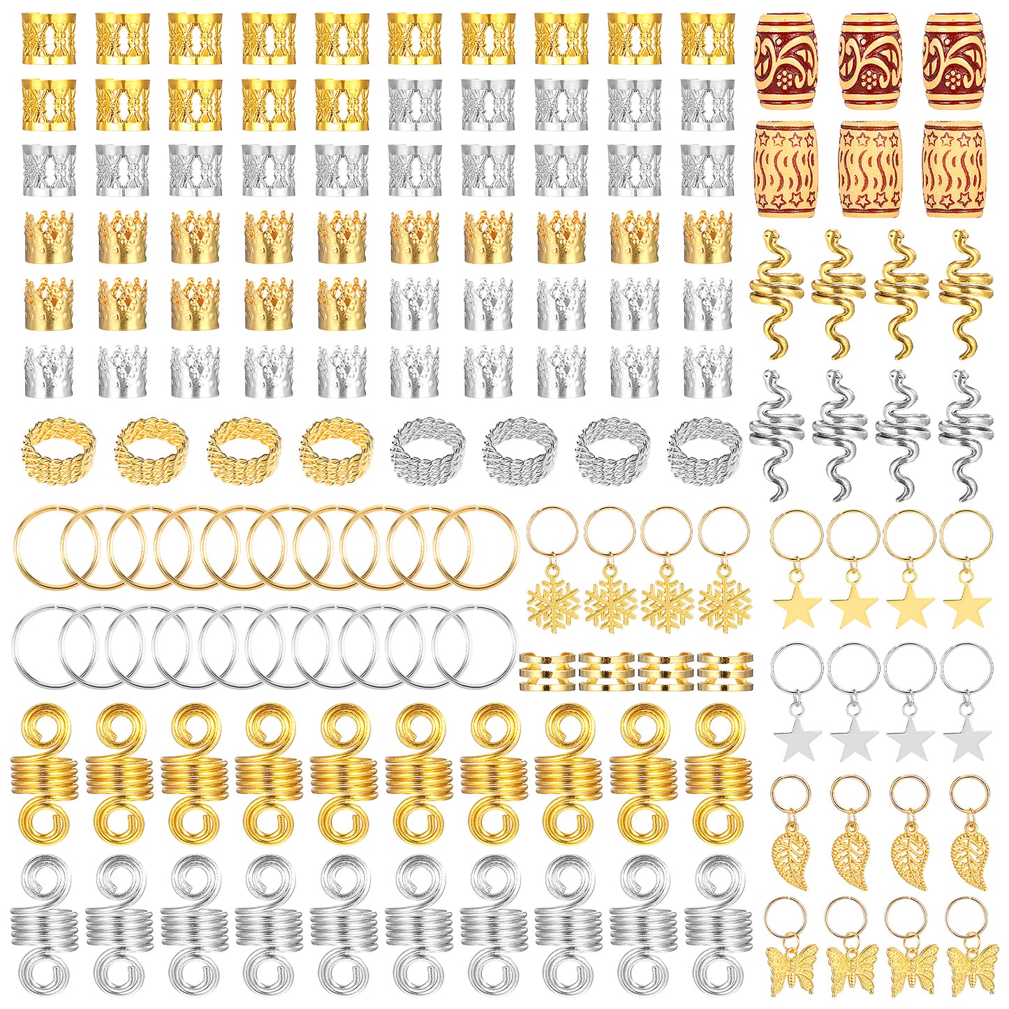 JIEYAO 146 Pcs Hair Jewelry for Braids, Gold Silver Dreadlock Hair Accessories Alloy Spiral Coil Hair Clips with Cuffs Charms for Hair Braiding Beard Decoration for Women