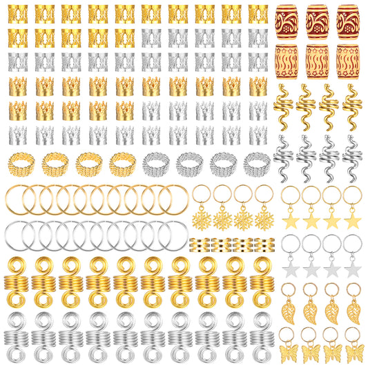 JIEYAO 146 Pcs Hair Jewelry for Braids, Gold Silver Dreadlock Hair Accessories Alloy Spiral Coil Hair Clips with Cuffs Charms for Hair Braiding Beard Decoration for Women