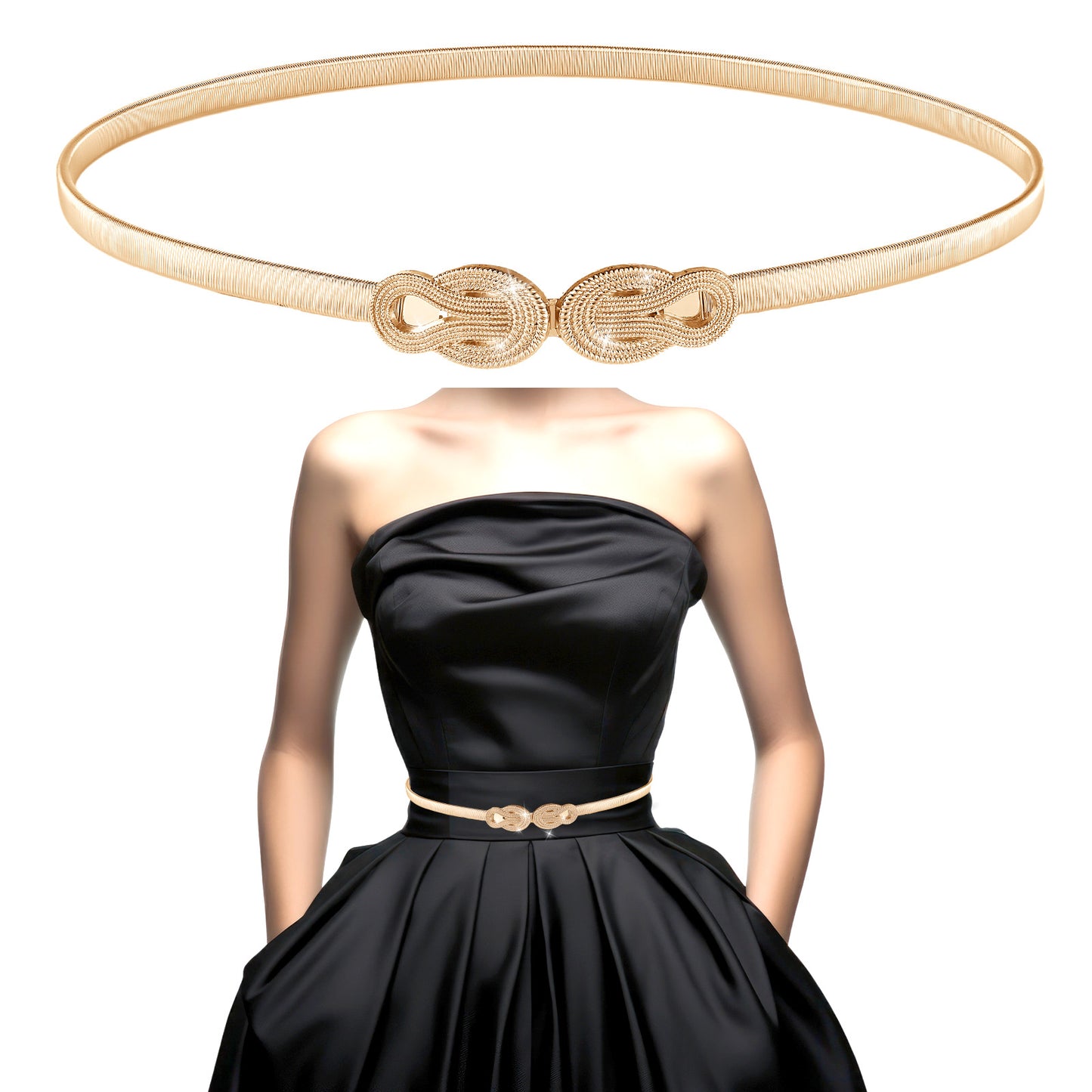 Molain Skinny Elastic Waist Belt for Women, Gold Metal Stretch Chain Belt with Hook, Adjustable Thin Gold Belts for Dresses