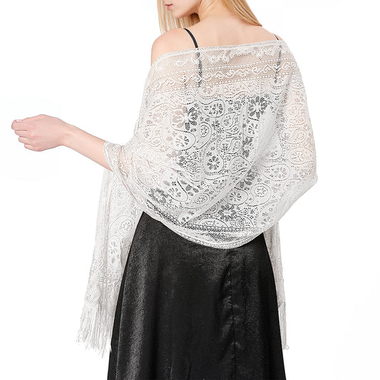JJUNW Shawls and Wraps for Evening Dresses Lace Shawl for Women for Evening Party Mesh Wedding Shawls shawls for women dressy(White)