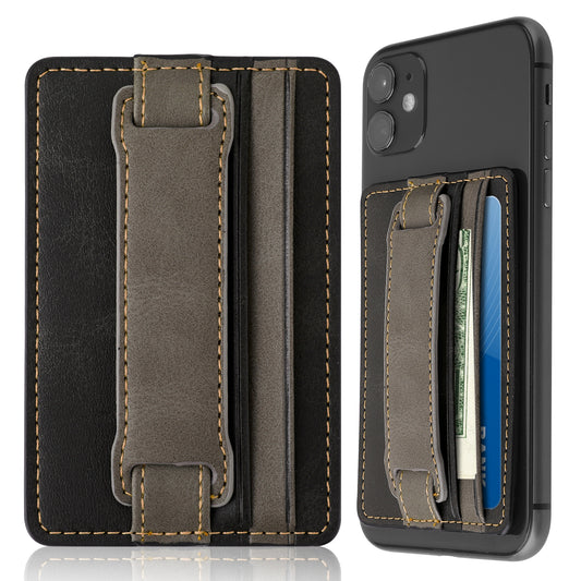 HJZHII Card Holder Pouch for Cell Phone, Self Adhesive Phone Wallet Kickstand with Stretch Band Leather Multi-Card Cellphone Case Back Sleeve Grip for Credit ID Card Cash, Black