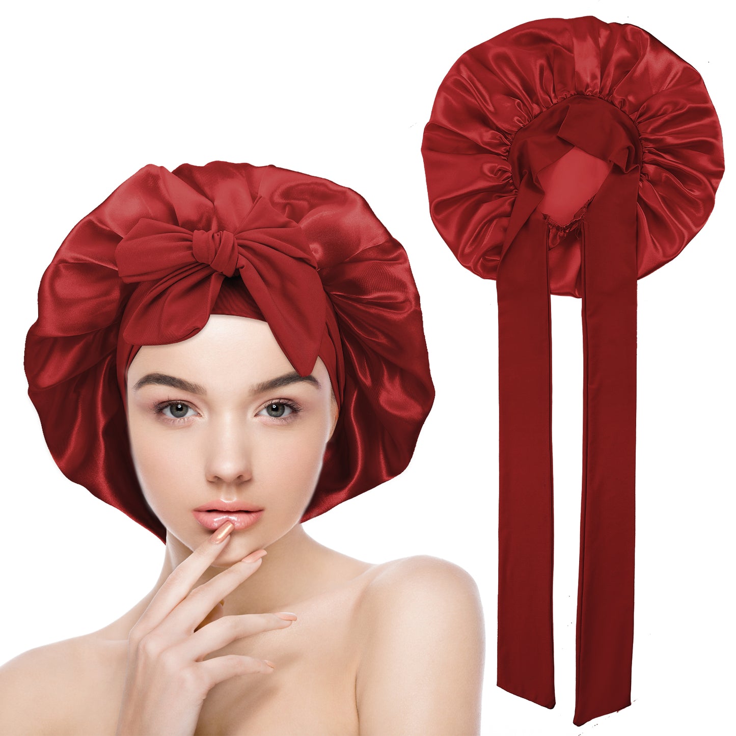 Yuanchu Satin Bonnet for Sleeping Women, Soft Adjustable Elasticity Band Satin Cap for Sleeping, Double Layer Satin Lined Hair Bonnet with Tie Band for Women Curly Hair Red