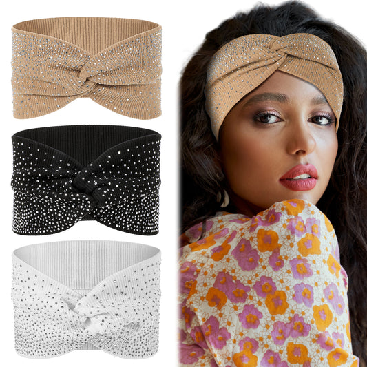 MBAIYO 3Pcs Elastic Rhinestone Wide Headbands, Sparkly Crystal African Turban Wraps Stretchy Sequin Wide Head Wraps Sport Hair Bands for Women(Black White Khaki)