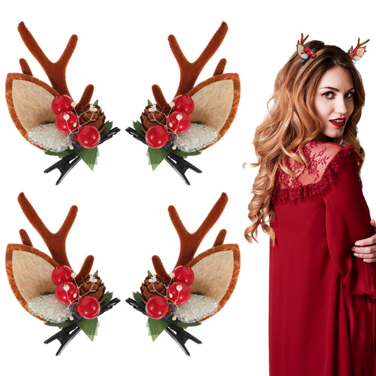 JIEYAO 4pcs Christmas Reindeer Antlers Headband Hairpins Christmas Tree Hair Clips Deer Headband Hair Accessories Cute Ears Hair Barrettes for Women Christmas Party