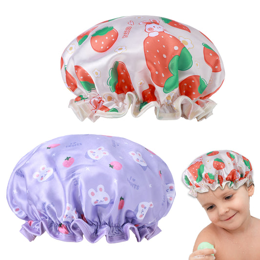 JIYIN 2 PCS Kids Shower Caps, Yellow & Purple Waterproof Double Layers Toddler Shower Cap Cute Rabbit Bonnets Reusable Elastic Band Bonnet Satin and Eva Soft Kids Sleeping Cap