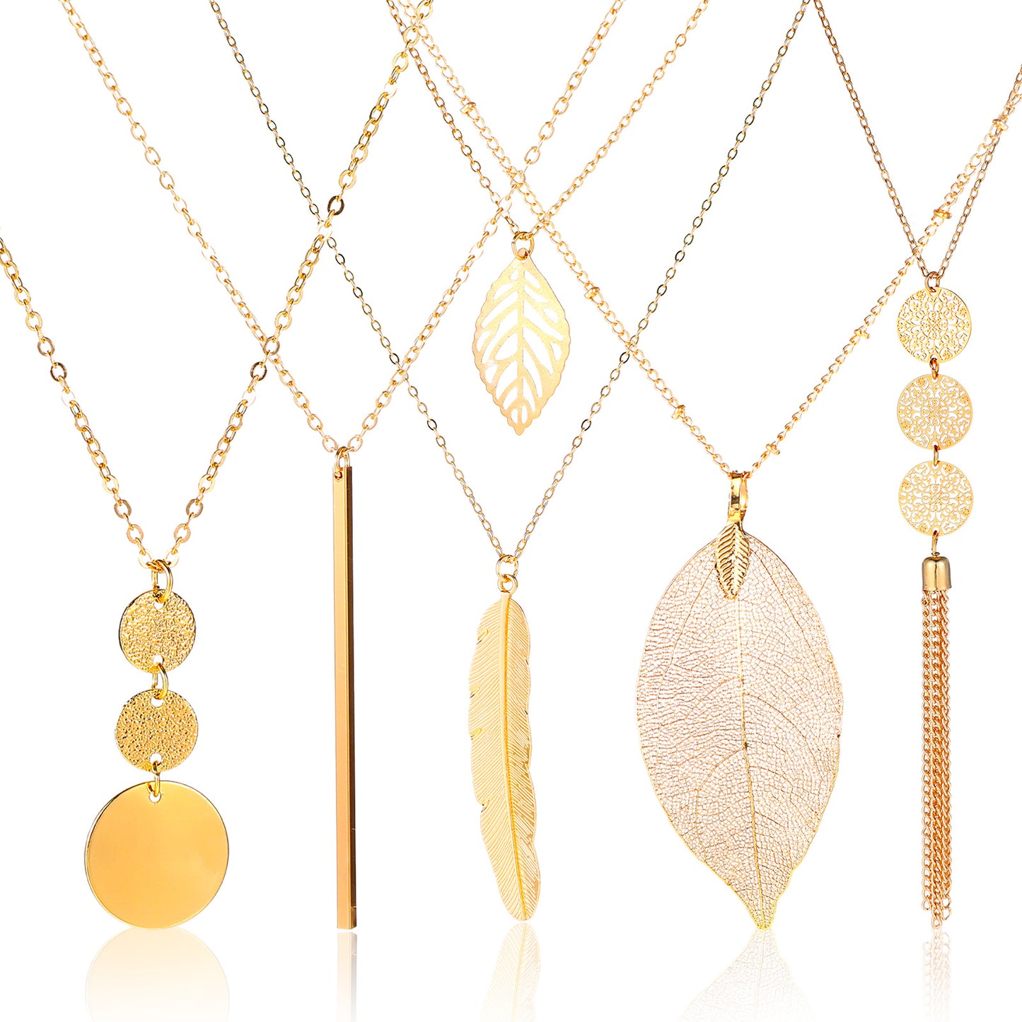 Yuanchu 5 Pcs Long Necklaces for Women, Gold Necklace Set with Pendant Circle Leaf Triangle Tassel Y Necklace Chain Jewelry