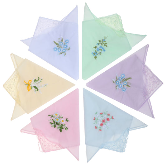 JJUNW 6 Pack Ladies Cotton Handkerchiefs Flower Embroidered wif Lace Ladies Vintage Handkerchiefs for Wedding Party(Colorful)