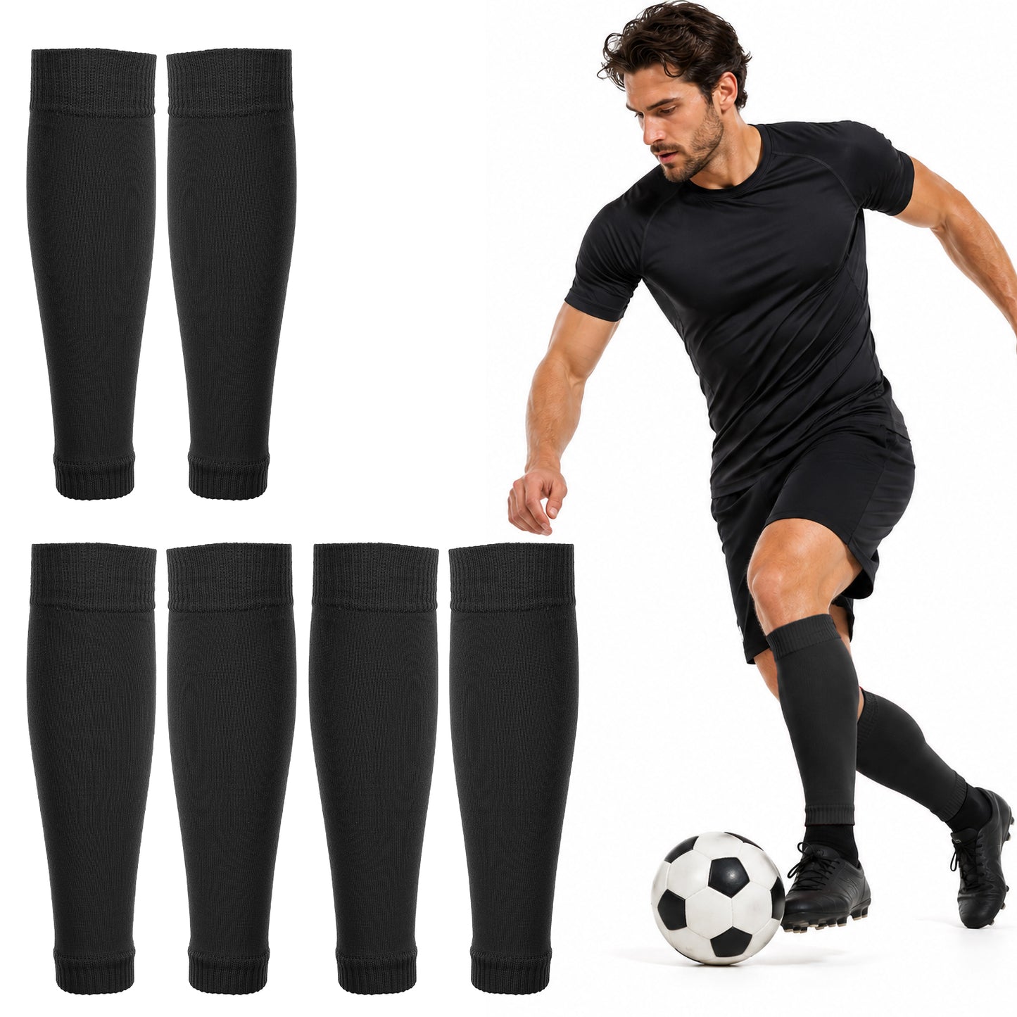 Cobee 3 Pairs Football Sock Sleeves, Black Pre Cut Breathable Footless Sock