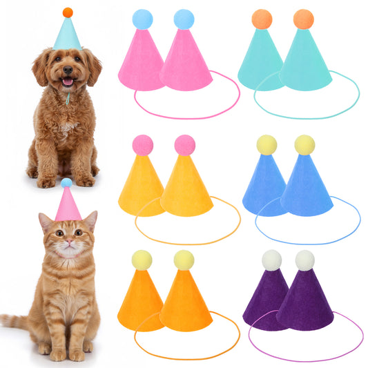 MBAIYO 12 Pcs Mini Party Hats for Stuffed Animals, Small Birthday Party Cone Hats for Dolls Dog Cat Rabbit Puppies Animal Figures Birthday Hat Decorations