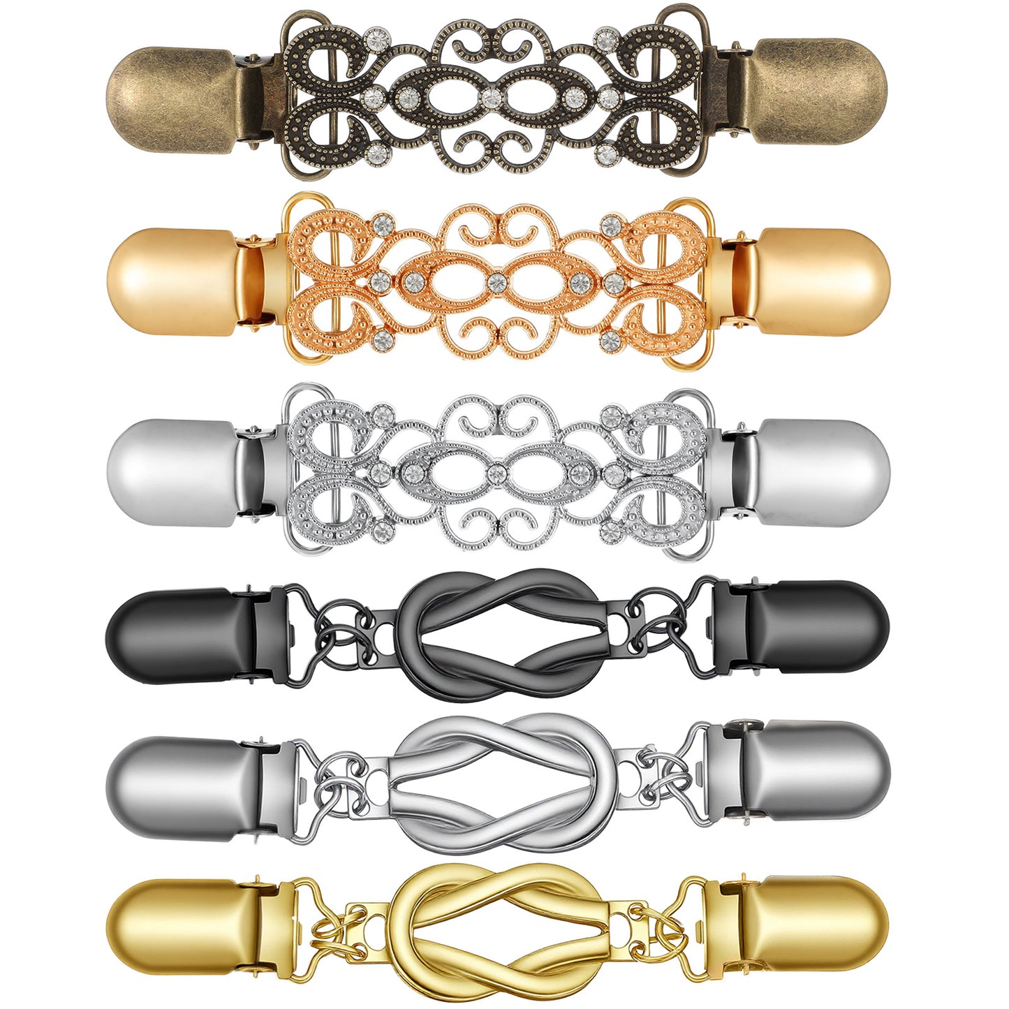 DOPENSPI 6 Pcs Vintage Sweater Clips, Alloy Vintage Dress Clip Shawl Cardigan Collar Clip Clothing Back Pant Waist Tightener Cincher Clips for Women (3 Colours)