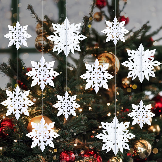 Jeffdad 12PCS Christmas Hanging Snowflake Decorations, 3D Large White Paper Snowflakes Garland Hanging Snow Flakes for Christmas Winter Wonderland Party Holiday New Year Home Decor(White)