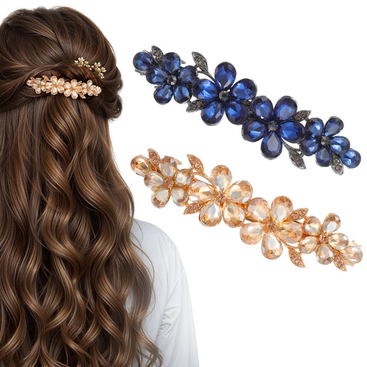 MBAIYO 2Pcs Rhinestone Hair Clips, Wedding Hair Barrettes Bridal Hair Accessories for Women Sparkly Crystal Hair Clips Vintage Crystal Flower Hairpins for Wedding Bride Long Hair(Blue+Black)