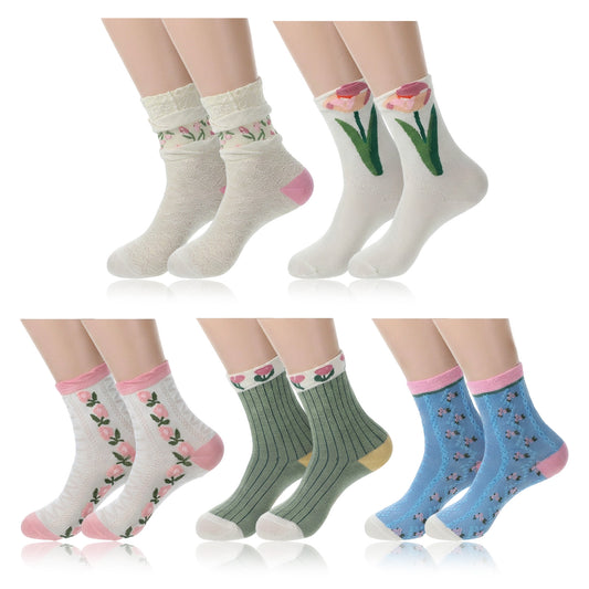 Molain 5 Pairs Cute Vintage Floral Slouch Socks for Women, Cute Ladies Slouch Frilly Sock Embroidered Cotton Pop Crew Frilly Socks Casual Comfortable Ankle Sock Breathable Comfortable Casual