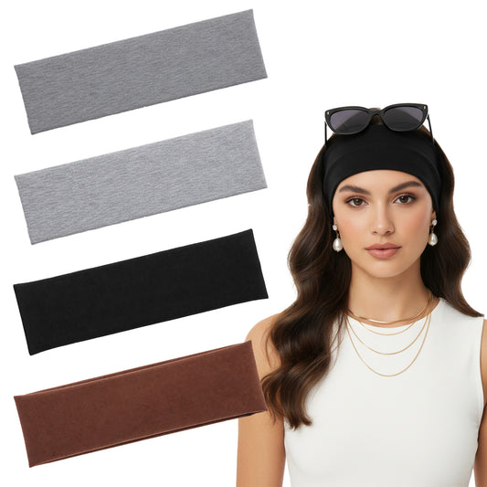 JJUNW 4 Pcs Wide Headbands For Women Men, Stretchy Non-Slip Stylish Sports Hair Bands, Soft Black Running Headband For Makeup Workout Yoga Running