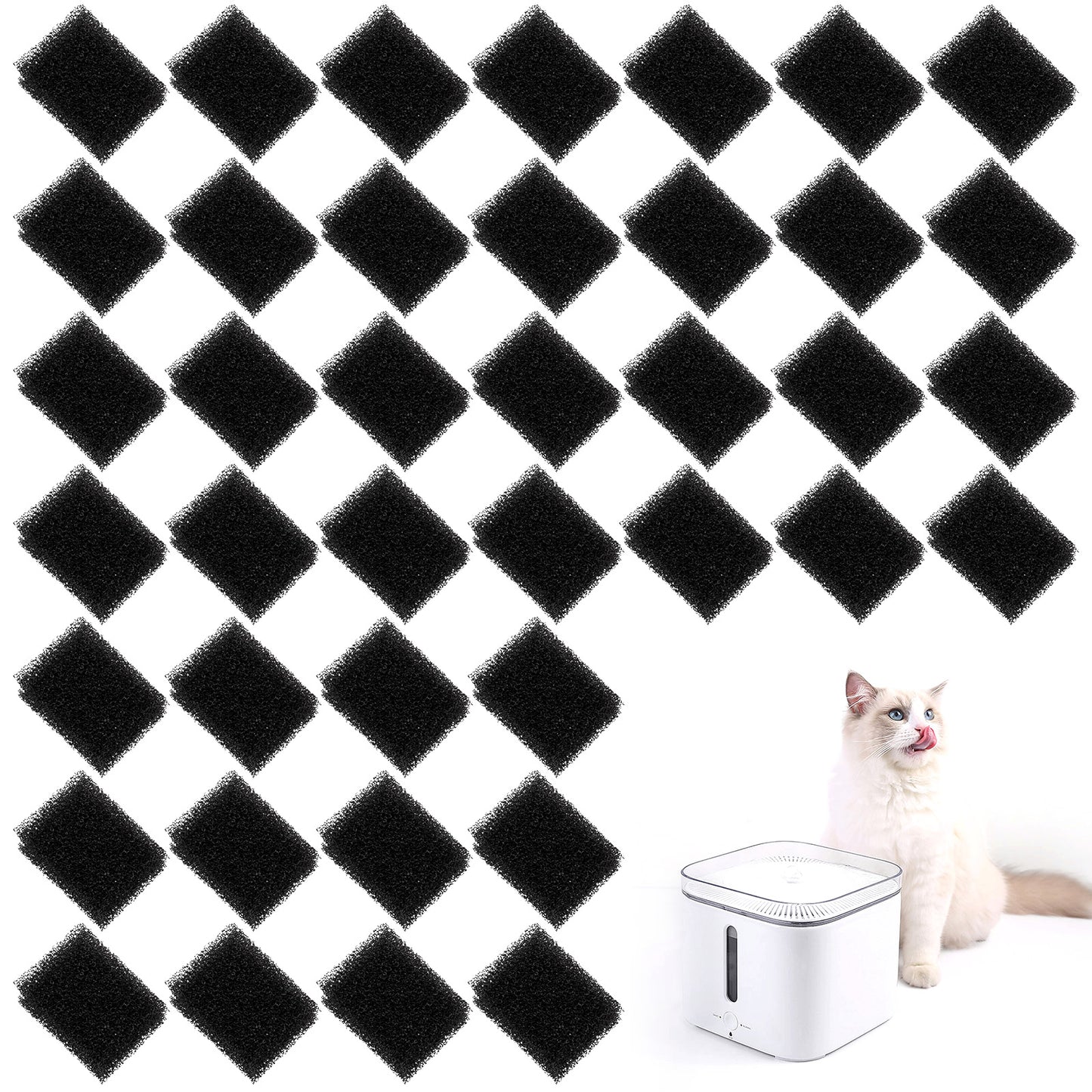 JJUNW 40 Pcs Pet Fountain Replacement Filter, Black Water Fountain Filter Sponge Filters, Pet Dog Drinking Water Fountains Square Sponge Filters Debris Removal Protects Pump