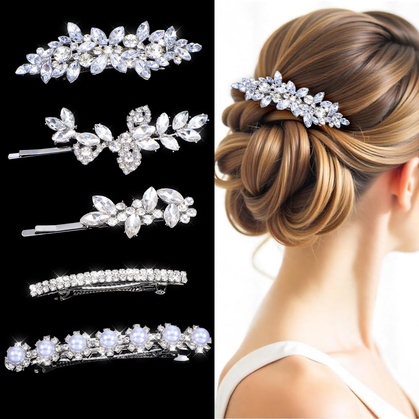 XLIUAX 5 Pcs Hair Barrettes for Women, Rhinestone Hair Clips Silver Hairs Clips for Wedding Leaf Wedding Hairpin for Bride Women Brides Barrette Crystal Silver Flower Pearl Hairpins
