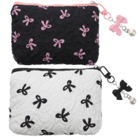 LXUEJIE Small Makeup Bag for Handbag, 5.51 x 3.94 Inches Cute Makeup Bag for Handbag Cosmetic Zipper Bags Cute Wallet Mini Cosmetic Pouch with Pleated Embossed Texture(White & Black)