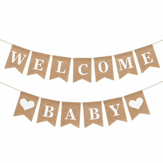 JJUNW Welcome Baby Sign, Burlap Vintage Welcome Baby Banner, Babyshower Banner Announcement Signs Rustic Pre-Strung Shower for Boy and Girl Adorable Bautizo Decorations