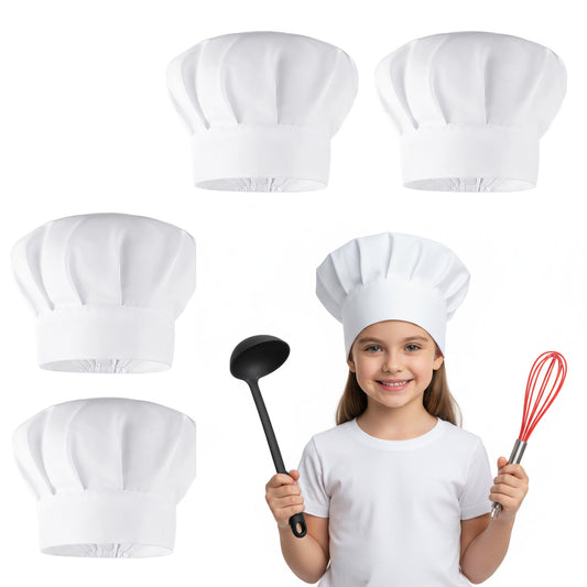 HJZHII 4PCS Kids Chef Hat Adjustable White Chef Hats for Kid, Elastic Cooking Baker Cap for Kids Girls Boys Baking Cooking Parties Art Classes