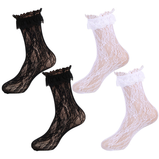 HJZHII 4 Pairs Lace Socks, Lace Socks Ankle Ruffle Mesh Coquette Sock Cute Frilly Lolita Dresses Sock for Women Ladies Girls