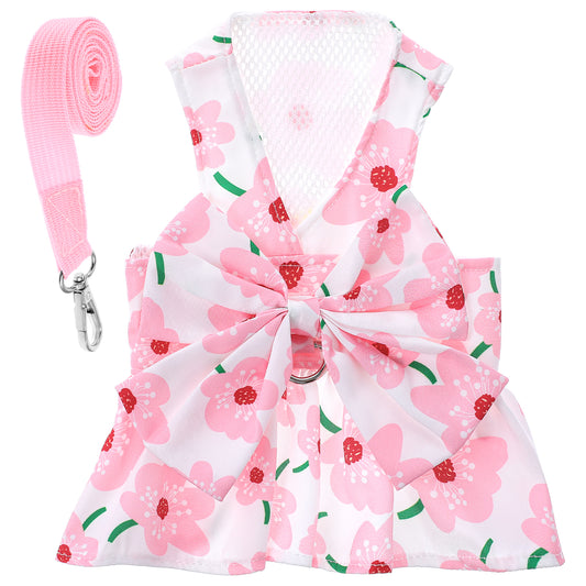 HJZHII Dog Dresses for Small Dogs Girls, Floral Print Puppy Clothes Bowknot Harness Dress Doggy Princess Spring Summer Breathable Female Pet Skirts Outfits with Collar Leash Attachment(Pink, S)