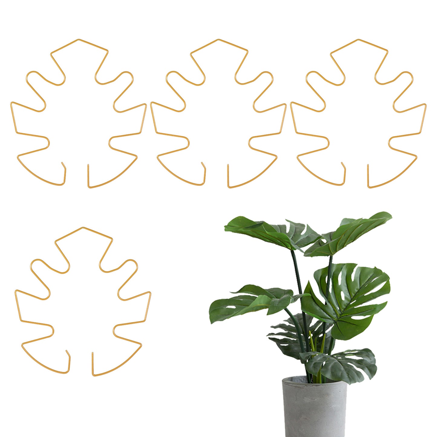 SULIKJHUI 4 Pcs Monstera Trellis, Iron Monstera Plant Support with Bamboo Clamp, 6.5x5.5 Inch Plant Stakes for Indoor Plants, Sturdy Metal Frame for Climbing & Thriving Growth (Gold)