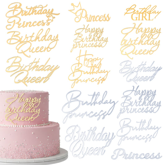 LXUEJIE 14 Pcs Happy Birthday Cake Toppers, Gold Silver Happy Birthday Princess Cake Toppers for Women, Acrylic Cupcake Decor Side Decoration Kit Girl Party Supplies