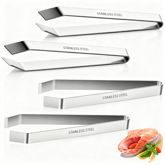 LXUEJIE 4Pcs Fish Bone Tweezers Set, Professional Stainless Steel Flat and Slant Pliers Remover Set Fish Scale Remover 2 Styles Fish Bone Tweezers for Cooking Kitchen Salmon Trout
