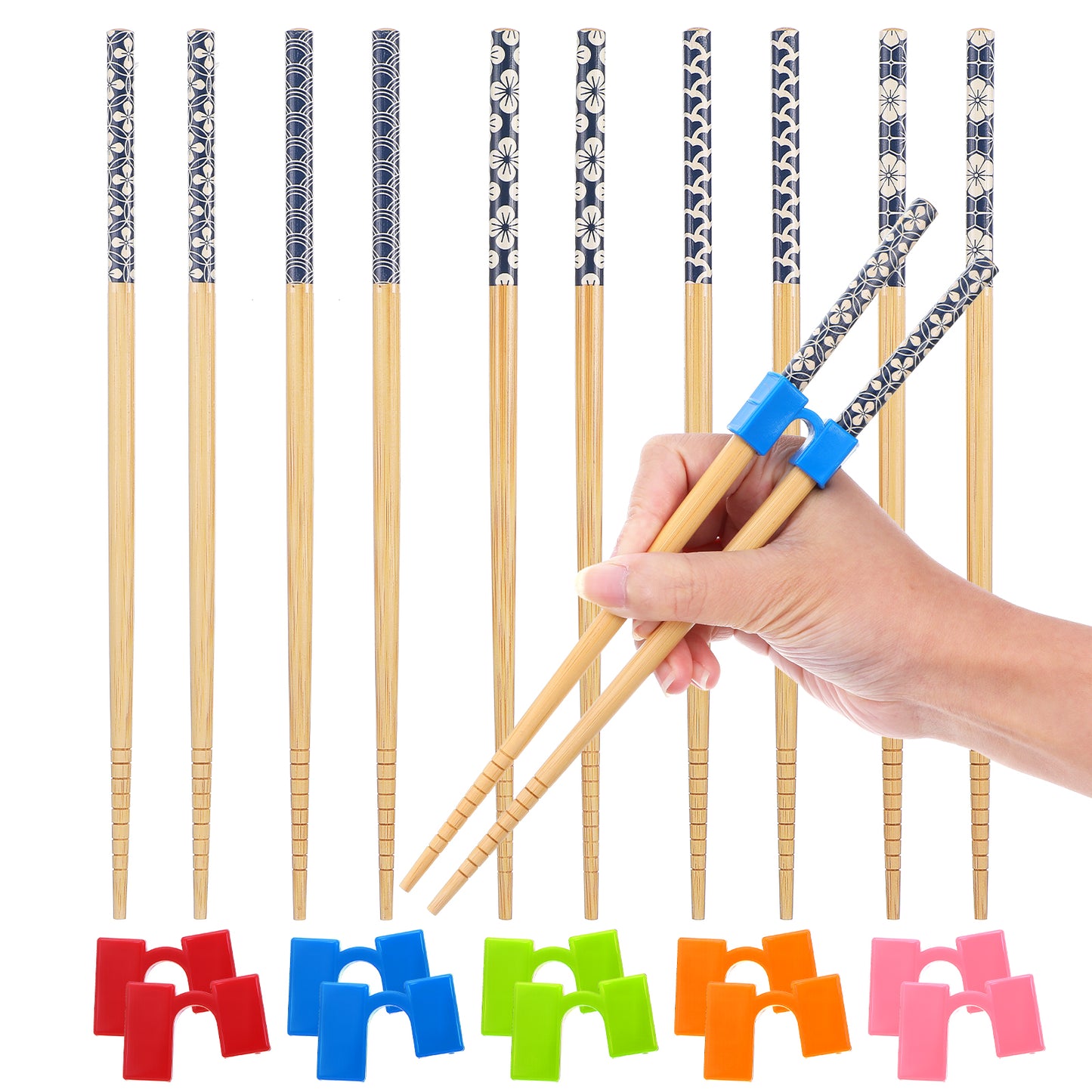 Molain 5 Pairs Reusable Training Chopsticks, Japanese Wooden Chopstick Trainer Helpers Set Training Chopsticks for Kids Adults Beginner Dishwasher Safe Easy to Hold Non-Slip 8.86 Inch