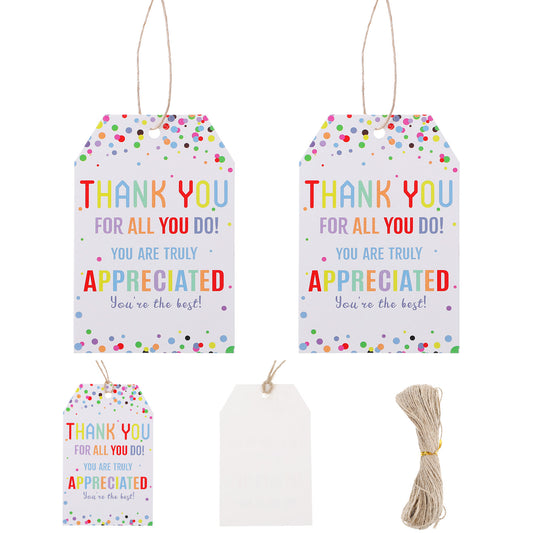 HJZHII 100PCS Thank You Gift Tags, Colorful Thank You for All U Do Tags with String Hanging Gifts Tag Colorful Dots Hang Appreciation Card for Gift Wrapping Boxes Bags Flowers Wrapping Supplies
