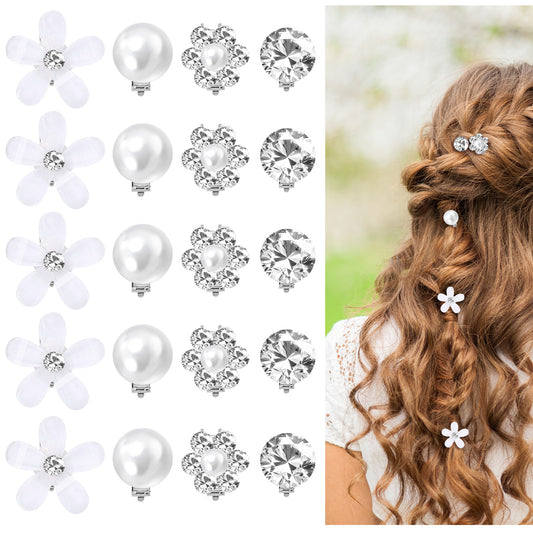 HJZHII 20 Pcs Mini Hair Clips, White Flower Hair Clips with Rhinestone Bridal Mini Flower Hairclip Sweet Small Decorative Hairclip Pearl Wedding Barrettes for Women