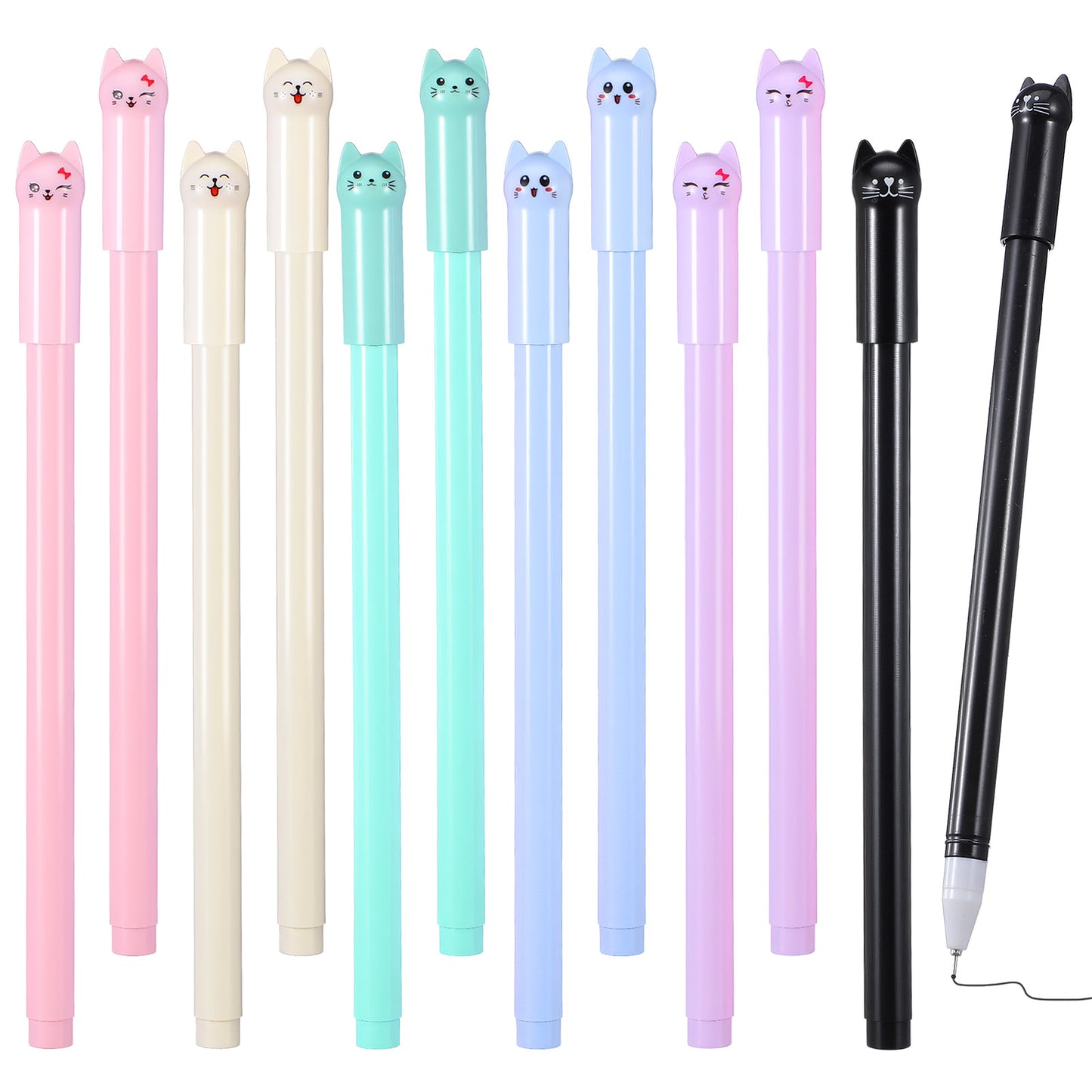TIESOME 12Pcs Kawaii Cat Pens, 0.5mm Black Ink Cute Cat Style Gel Pens Stationary Supplies for Cat Lovers Women Kids School and Office Use